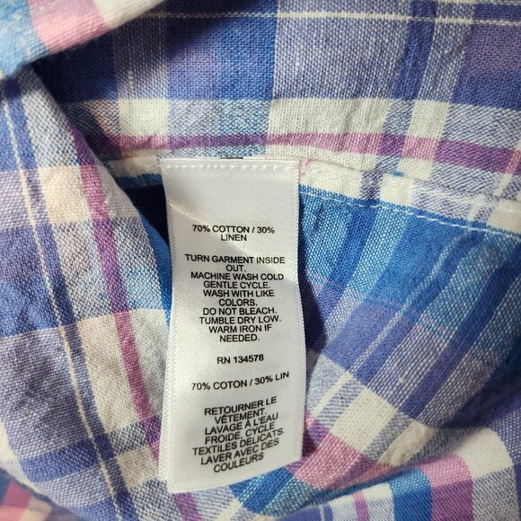 Vineyard Vines Mens M Blue White Plaid Classic Fit Whale Shirt Button Down Linen - Picture 7 of 15